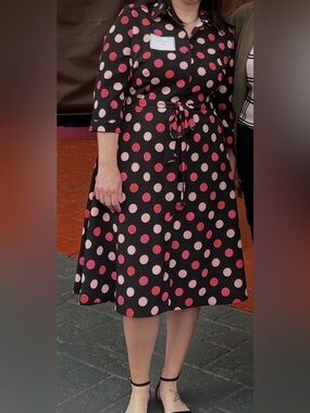 New York & Company Black Dress with Pink and Coral Polka Dots
